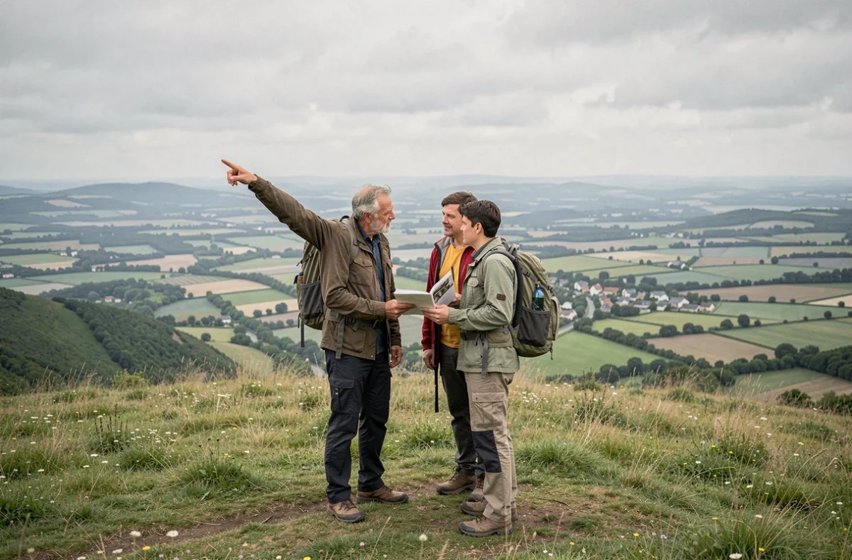 Groupe d'amateurs d'histoire locale observant depuis un promontoire la vallée supposée d'Alésia en Côte-d'Or, carte en main