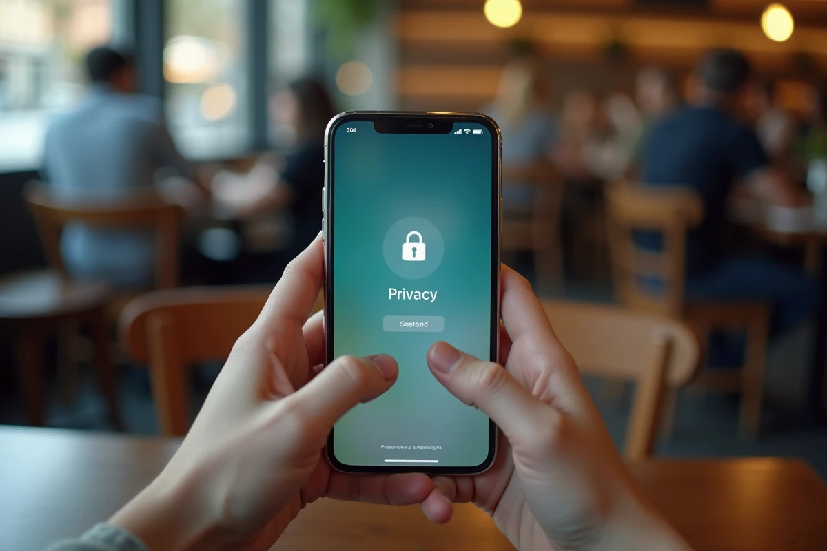 Mains tenant un smartphone affichant des paramètres de confidentialité, symbolisant la protection des données personnelles face aux fuites en ligne