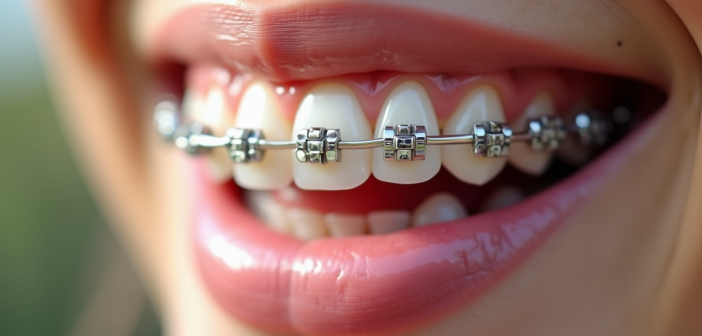 Sourire avec différents appareils dentaires visibles