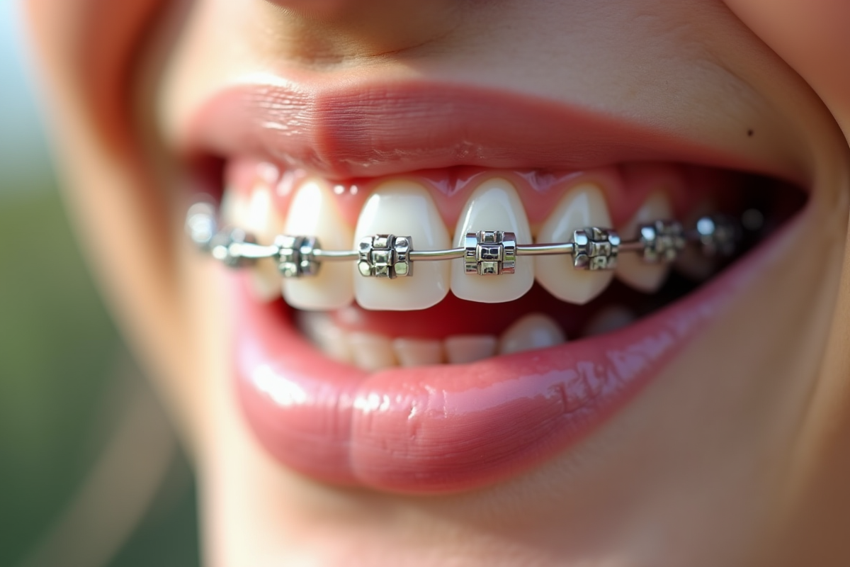 Sourire avec différents appareils dentaires visibles