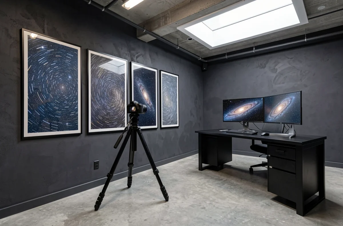 Studio de photographie STARSINBOX avec tirages d'astrophotographie encadrés et équipement professionnel