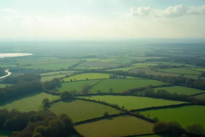 Vue panoramique de la campagne normande illustrant l'étendue de la région Normandie avec ses collines verdoyantes et bocages