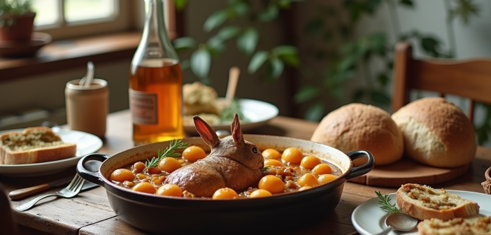 Table rustique avec un plat de lapin en sauce aux pommes
