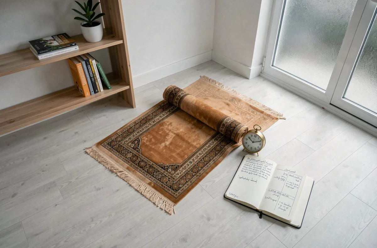 Tapis de prière, horloge et carnet d'horaires de salat posés dans un intérieur de maison à Tourcoing