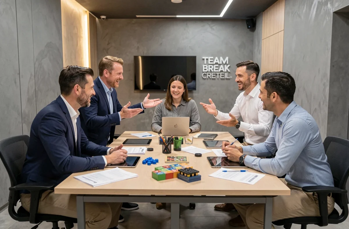 Équipe de professionnels en session de team building dans les salles conçues à cet effet chez Team Break Créteil