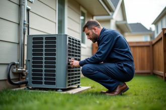 Technicien HVAC inspectant une pompe à chaleur extérieure dans un jardin résidentiel