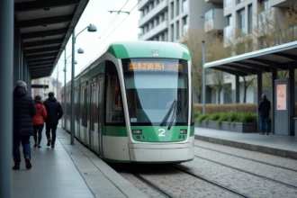 Tram de la ligne 2 à Nantes en station avec passagers qui montent à bord