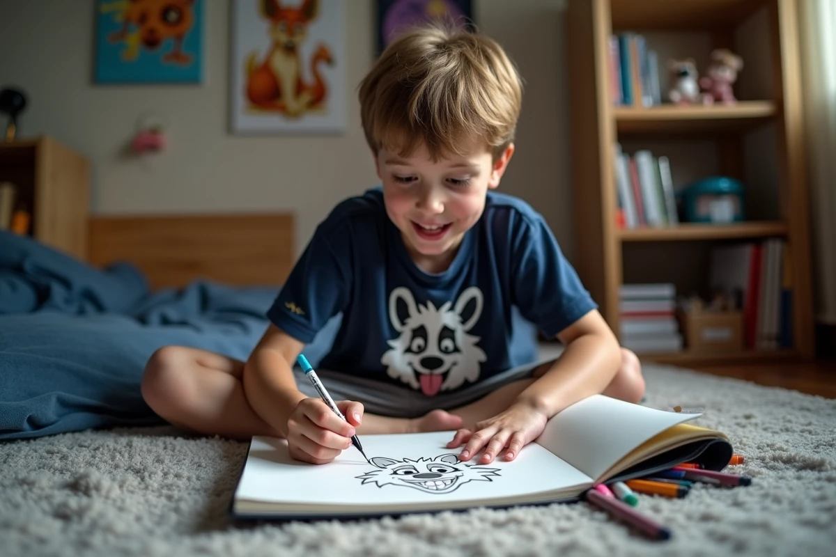 Adolescent dessinant pas à pas la hyène Ed du Roi Lion dans un carnet de croquis sur le sol de sa chambre
