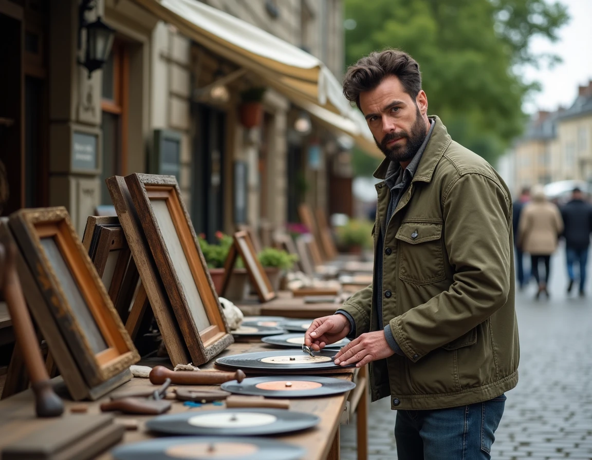 Vendeur installant ses objets de collection sur un stand de vide-grenier dans une place de village du Morbihan