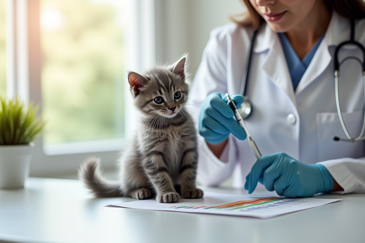 Vétérinaire examinant un chaton gris sur une table blanche
