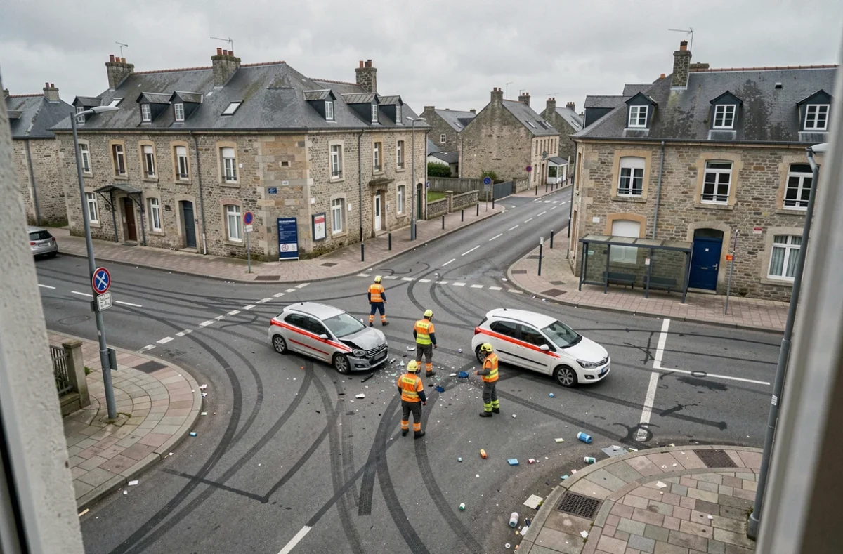Vue en plongée d'une intersection à Lorient après un accident de voiture avec véhicules accidentés et équipes de secours